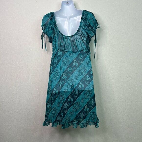 Cinema Etoile Vintage Blue Hipster Y2K Paisley Semi Sheer Ruffle Dress Size L - Picture 7 of 14